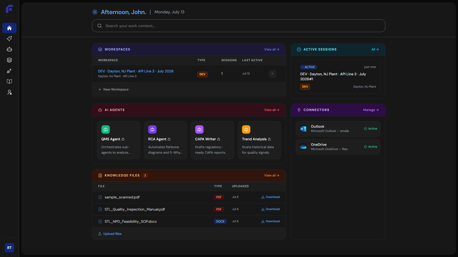 The Fyndo dashboard — workspaces, AI agents, connectors, and knowledge files in one view